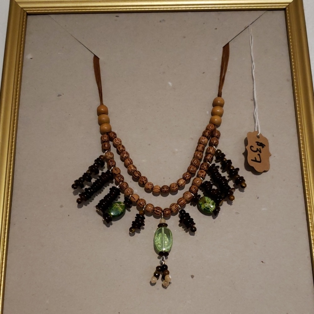 Native boho necklace, nature, wood, stone,green
